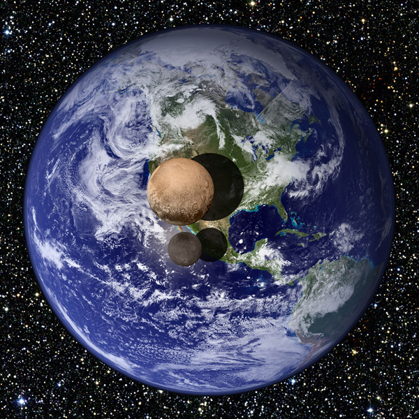 Figura 3 - Comparação de tamanhos entre a Terra, Plutão e Caronte [© NASA].